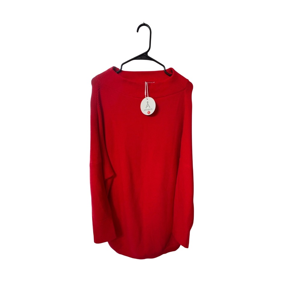 Anrabess Womens Red Ribbed  Oversized Pullover Sweater Tunic  XL NWT